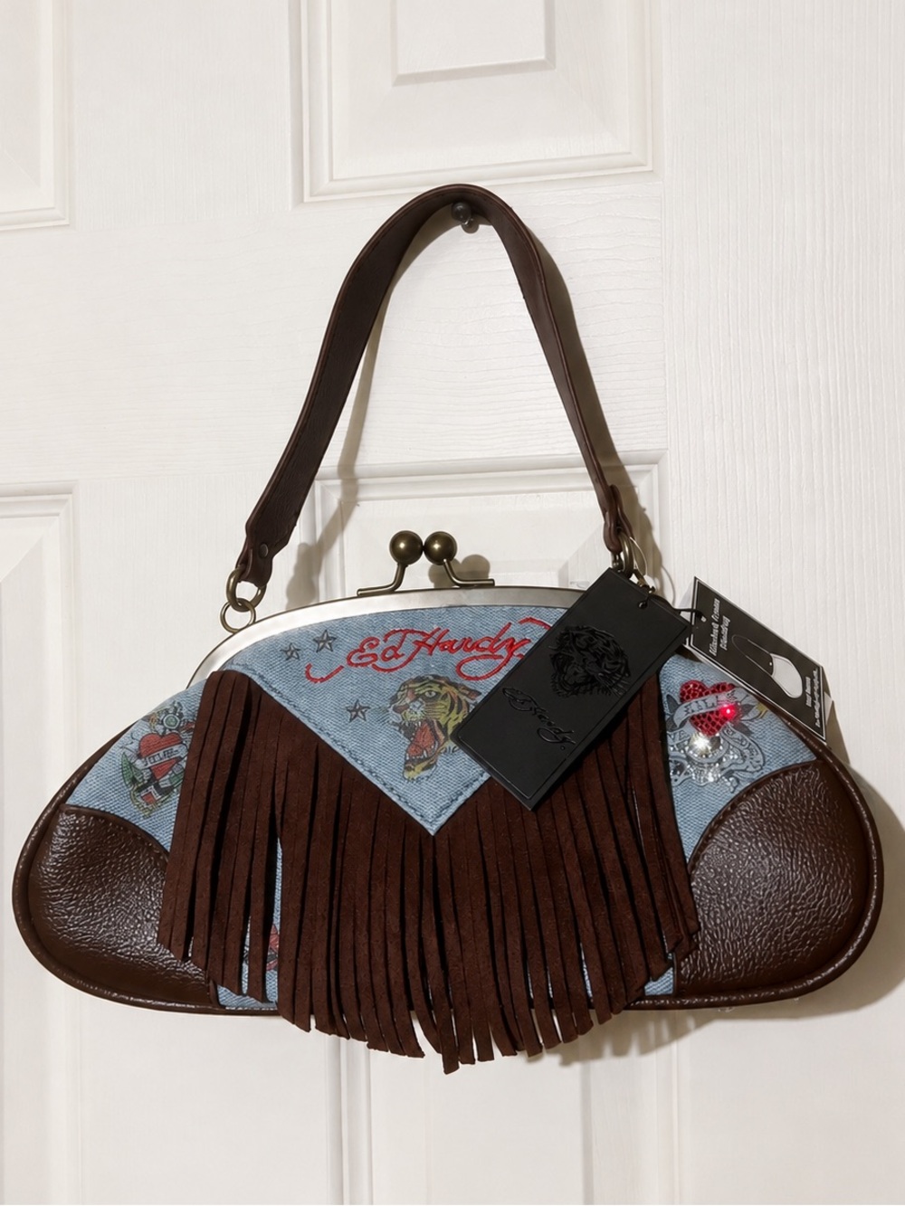 NWT Ed Hardy Denim Brown Fringe Tiger Y2K Shoulder Bag